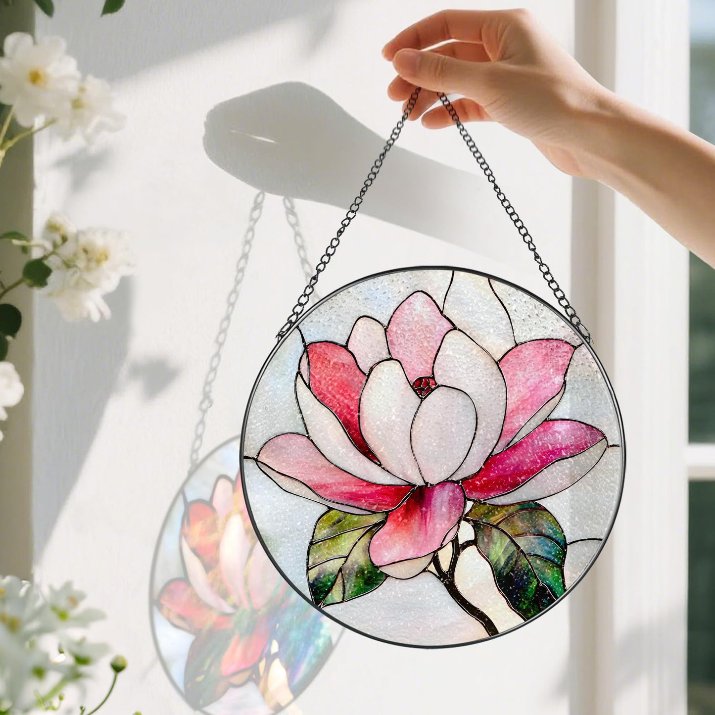 8-Inch Stained Glass Ornament, Stained Glass Window Hanging, Window Hanging Decor Suncatcher, Magnolia Flower Ornament | Holiday, Mother's Day, Birthday | Gifts for Nature and Garden Lovers
