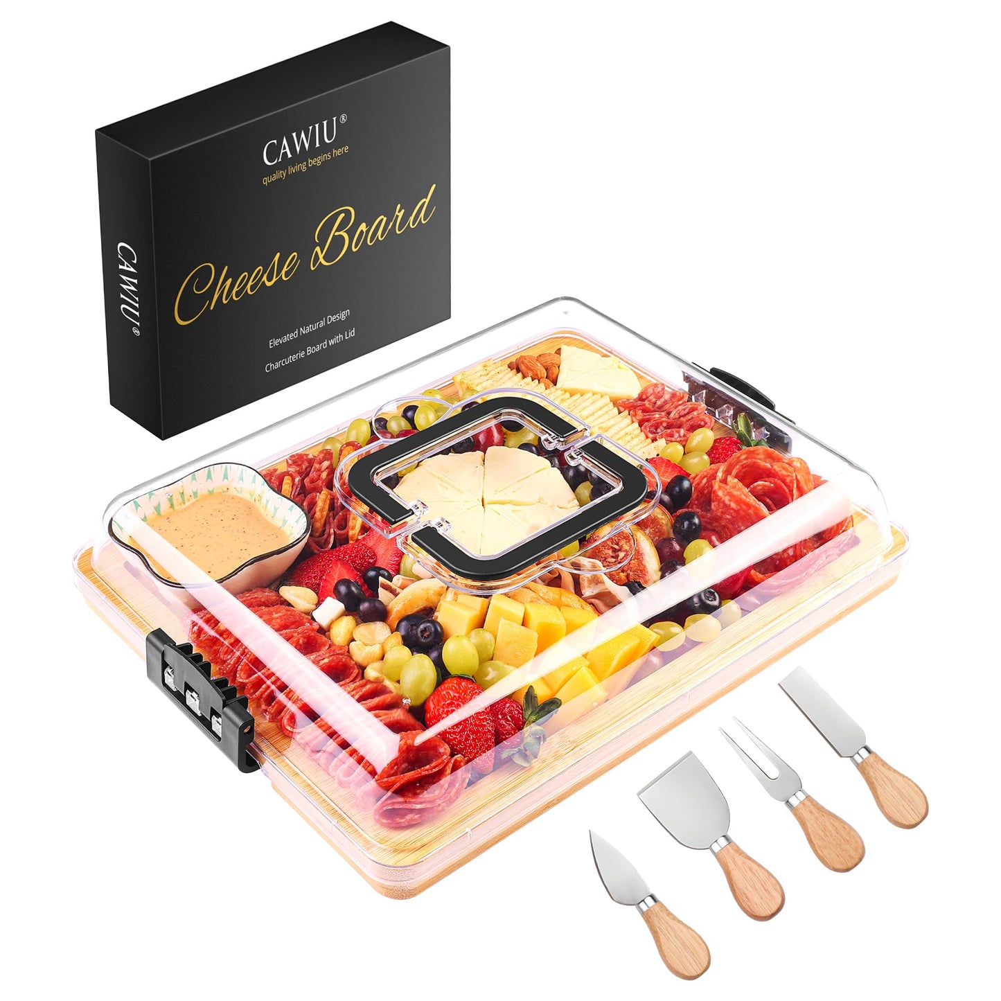 CAWIU Charcuterie Board with Lid and Handle - Portable Travel Design Bamboo Cheese Board Set with 4 Cheese Tools, Gift for Housewarming, Weddings, Picnics(1 Compartment, Black)