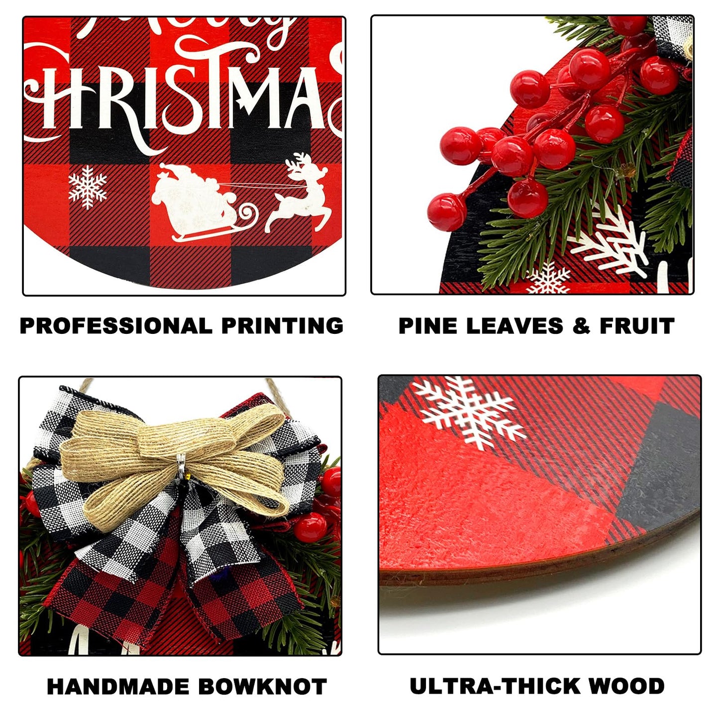 2 PCS Buffalo Plaid Christmas Wall Decor, 12 Inch Merry Christmas Sign Wood Wreath Hanging Porch Window Decoration Indoor Outdoor