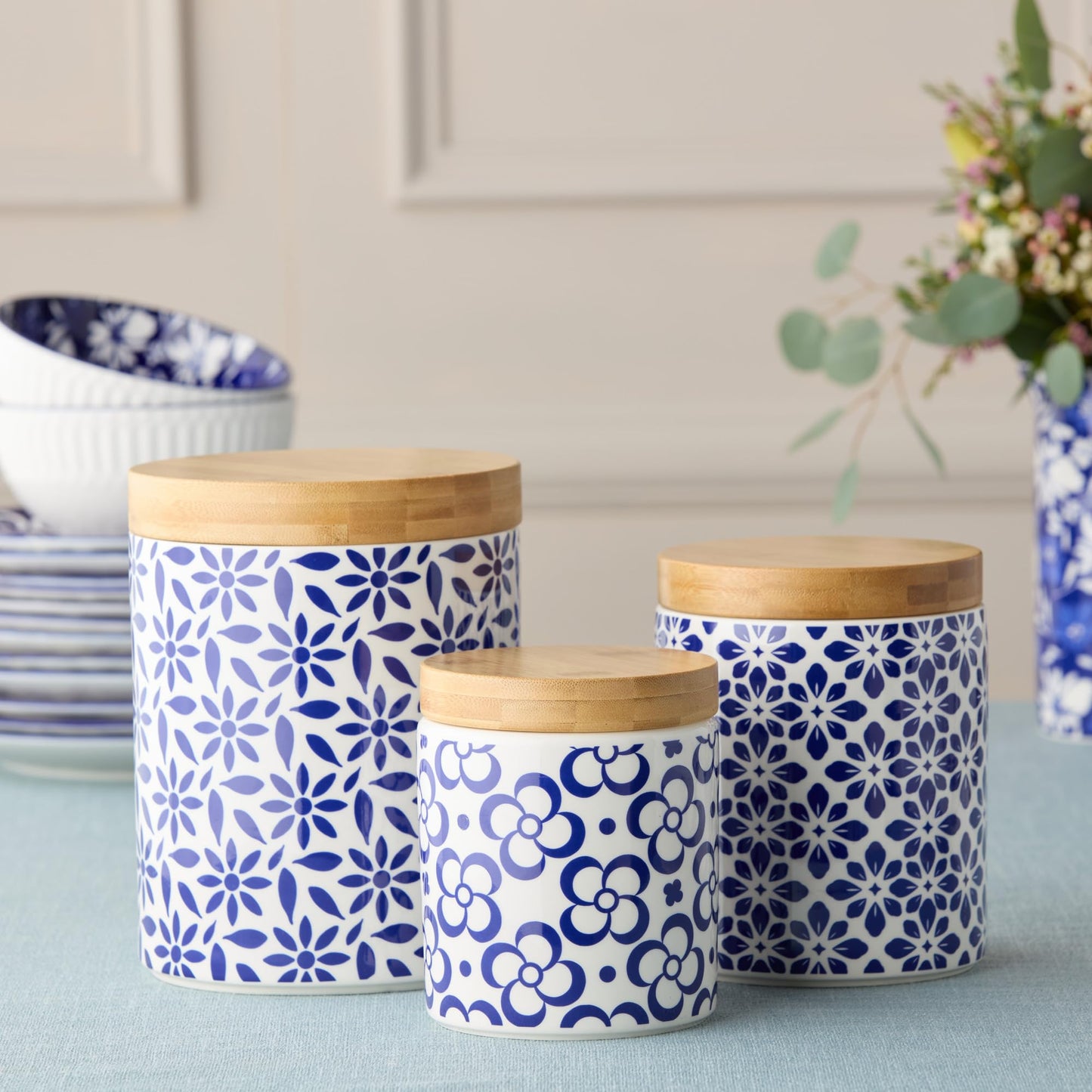 Madison 3pc Canister Set - Premium Porcelain with Bamboo Lids, Blue and White Patterns - Large 96 oz, Medium 80 oz, Small 30 oz - Perfect for Pantry Storage and Organization