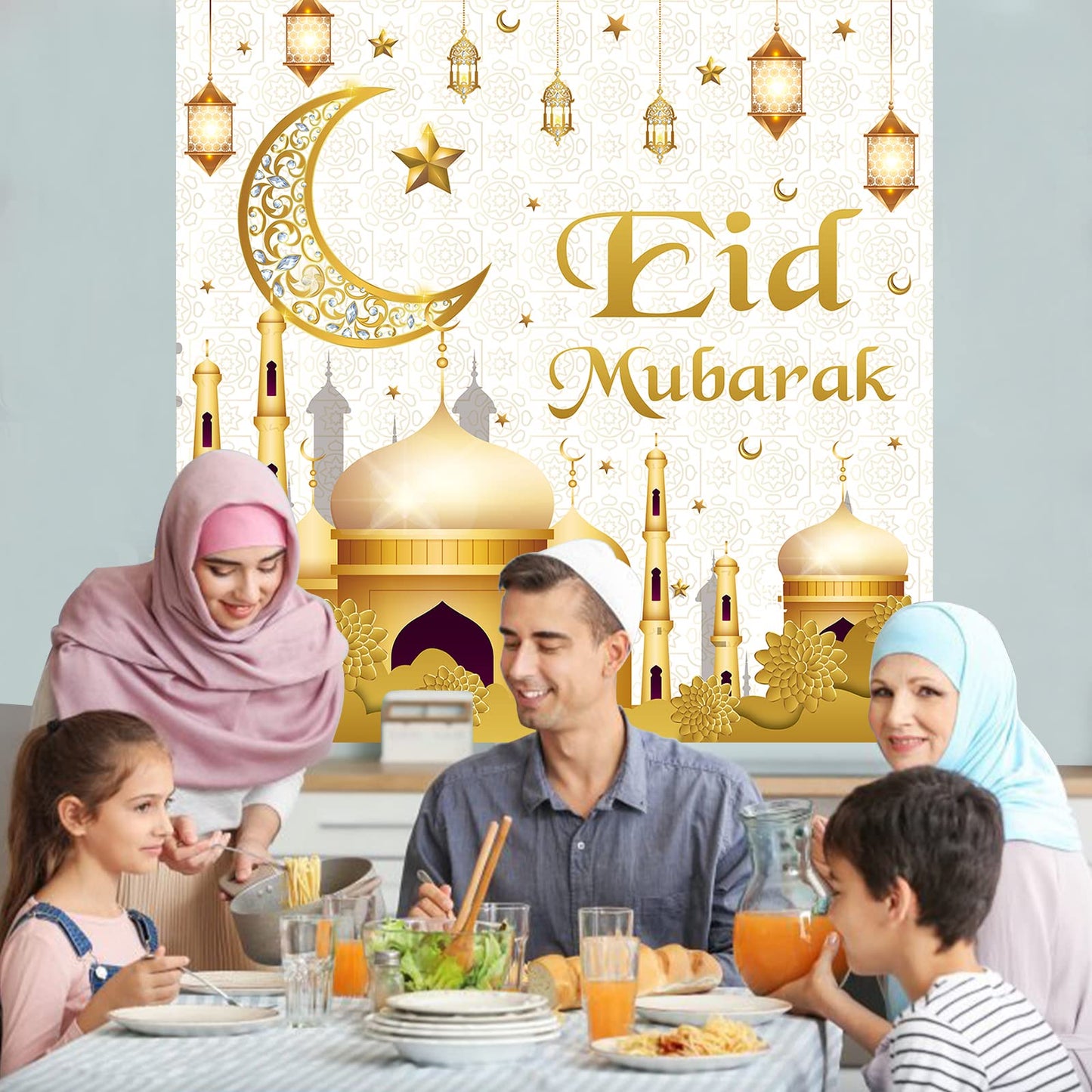 Eid Mubarak Decorations - 70PCS White Gold Ramadan Confetti Balloons with Mubarak Moon Star Foil Balloon, Backdrop for Party Supplies, Eid Decorative Banner for al-Fitr and al-Adha Decor