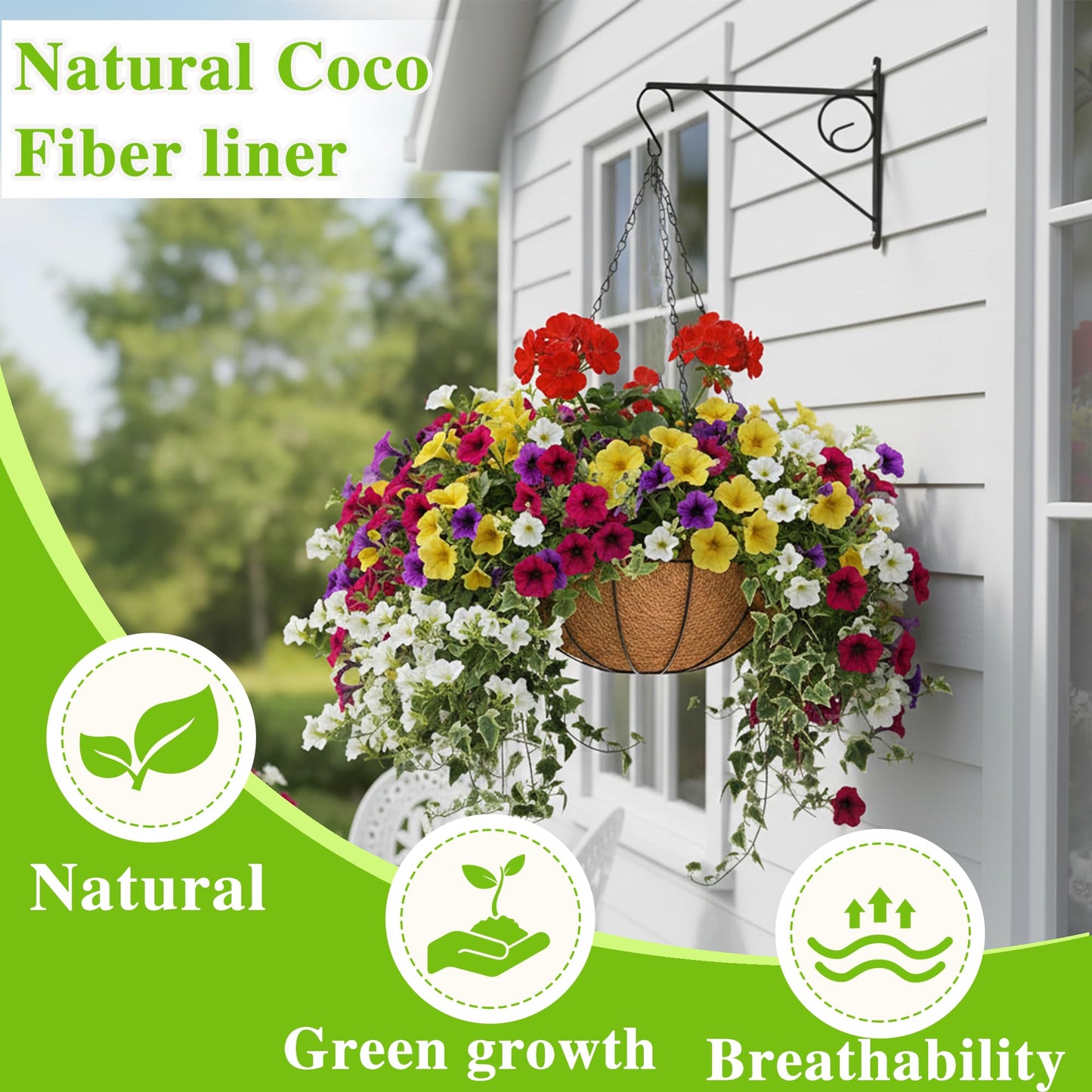 EIMQUVW 4 Pack Hanging Planter Basket Outdoor Large Hanging Flower Pots Indoor 12 inch with Coco Coir Liner Round Wire Plant Holder Chain Hanging Basket Garden for Home Decor Balcony Office1