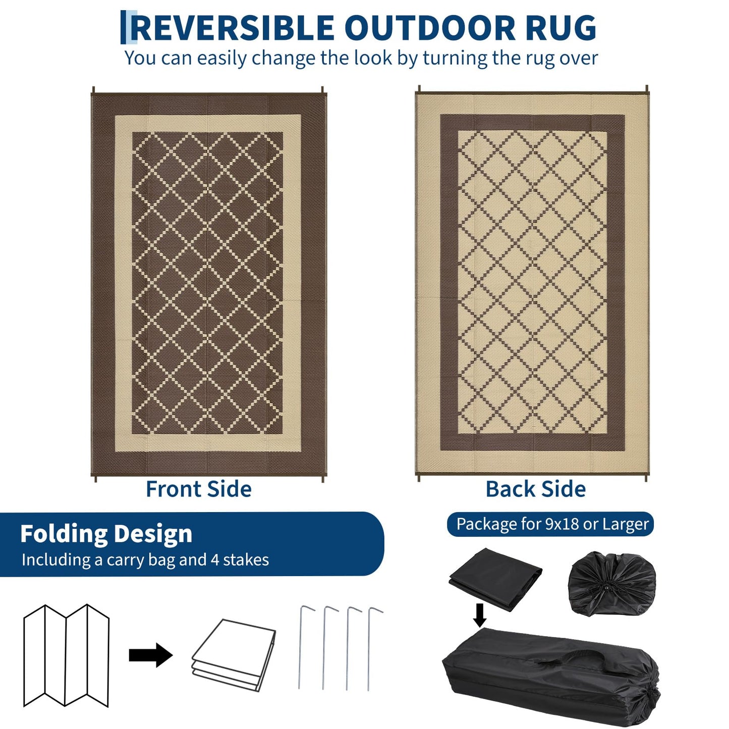 IDEALHOUSE Outdoor Rug, 320GSM PP Plastic Straw Mat, Modern Cross Grid Pattern, Waterproof Breathable Floor Mat, Lightweight Foldable Carpet for Patio Camping RV Backyard, Russet Brown, 9x18ft