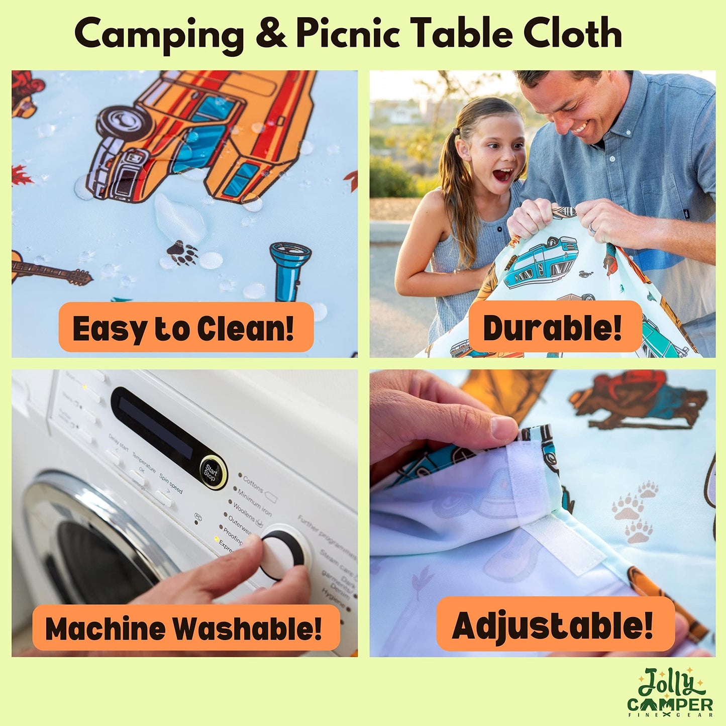 Jolly Camper Camping Tablecloth, Picnic Tablecloth, Fits 4ft to 8ft Picnic Tables, Polyester, Washable & Reusable, Spill & Stain Resistant, Water Repellent, Table Cloth for Picnic Table - Vintage RV