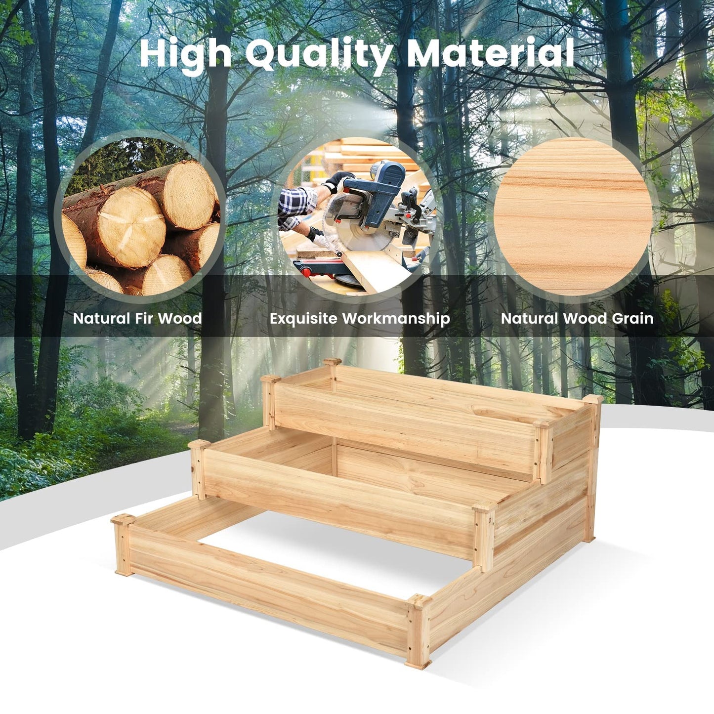 COSTWAY 3-Tier Raised Garden Bed, Wooden Elevated Planter Box for Vegetables Flowers Herbs Fruits, Outdoor Growing Planter Box Stand for Garden, Backyard, Patio, Balcony