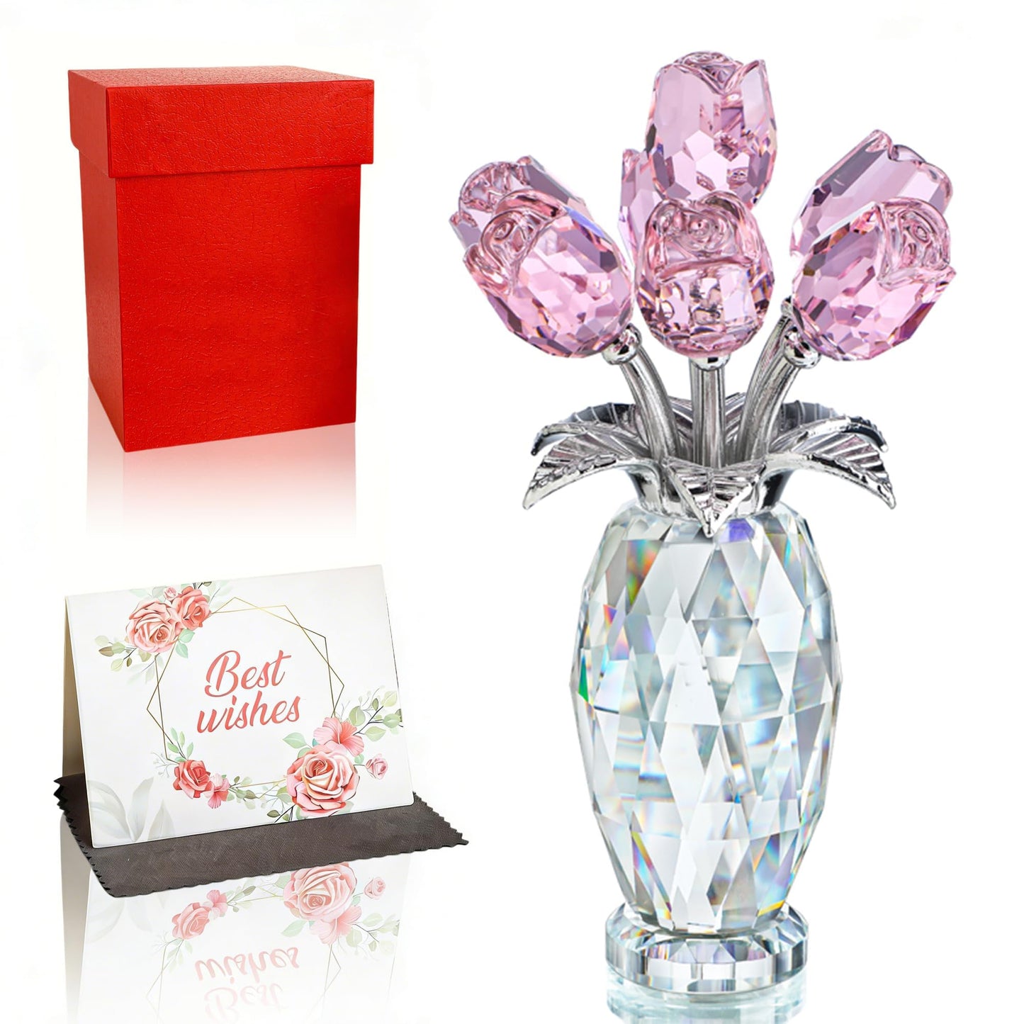 LOULIQIGIFT Crystal Pink Flowers Bouquet Romantic Art Glass Rose Flower Figurine Gifts for Women on Mother's Day Birthday Wedding Anniversary