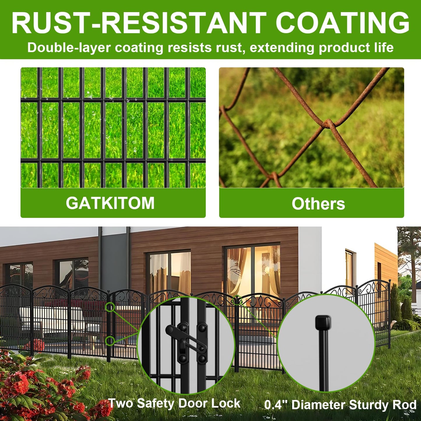 12 Panels No Dig Decorative Garden Fence with Gate, GATKITOM 31.3in(H) x 26ft(L) Rustproof Animal Barrier Metal Dog Fence Outdoor for Yard, Patio, Temporary Garden Fencing with Ground Stakes