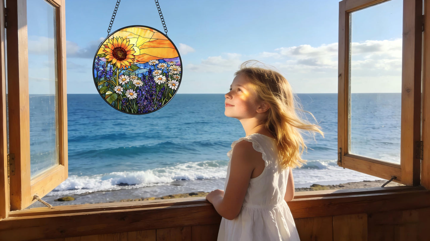 Argodaze Stained Glass Window Hanging - Sunflowers, Daisies, Lavender and Sunset 6.3 Inches Suncatcher for Garden Home Decor for Women Mon Grandma Friends