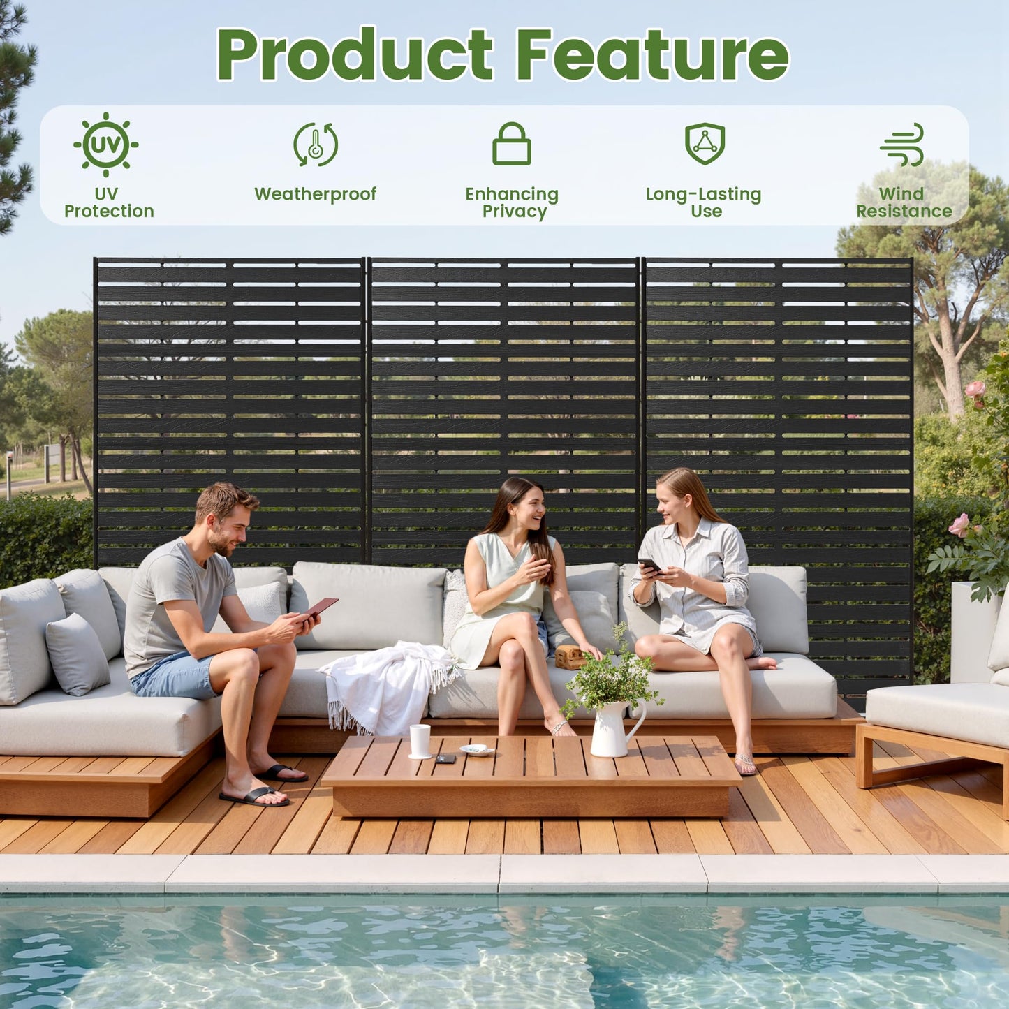 Diyfire Outdoor Privacy Screen 60" H HDPE Decorative Panel Freestanding Privacy Fence with Stand, Privacy Screens with Louvered 5 Panels, Weather-Resistant Panel Fence for Patio, Balcony, Balcony