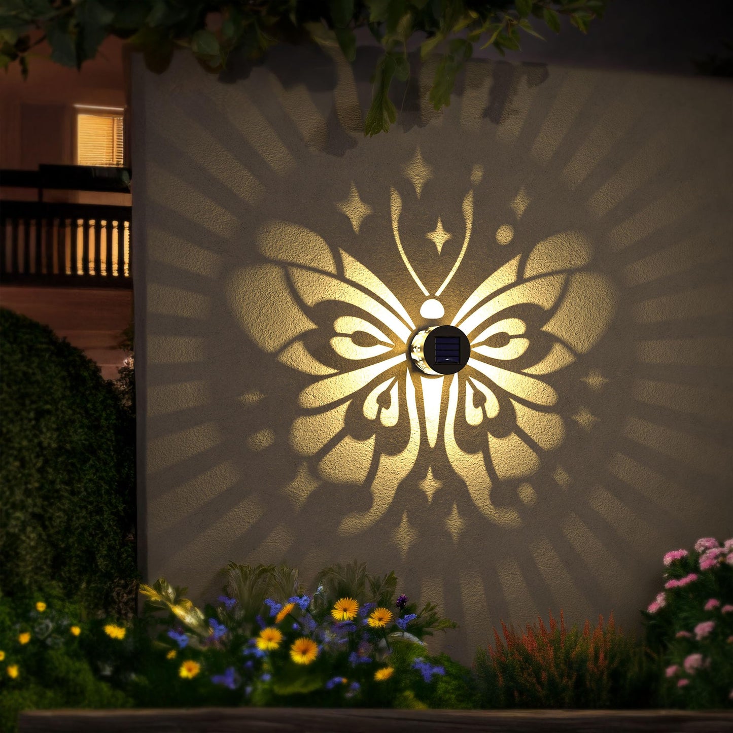 Hapjoy Solar Fence Lights 2 Pack Outdoor Deck Step Wall Lights Metal Waterproof LED Warm Yellow Light for Garden Post Patio Backyard Yard Decor (Butterfly-Star, 2)