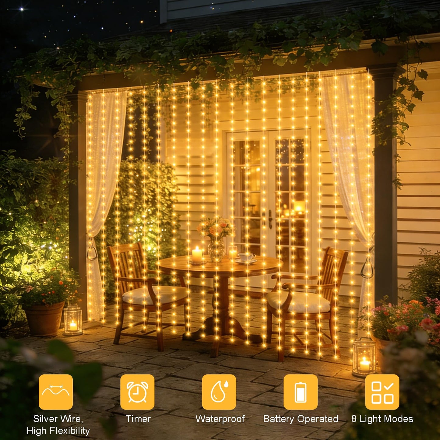 echosari Curtain Lights Battery Operated, 300 LED Fairy Lights 9.8 x 9.8Ft with Timer for Bedroom Wedding Backdrop Indoor Decor (Warm White)