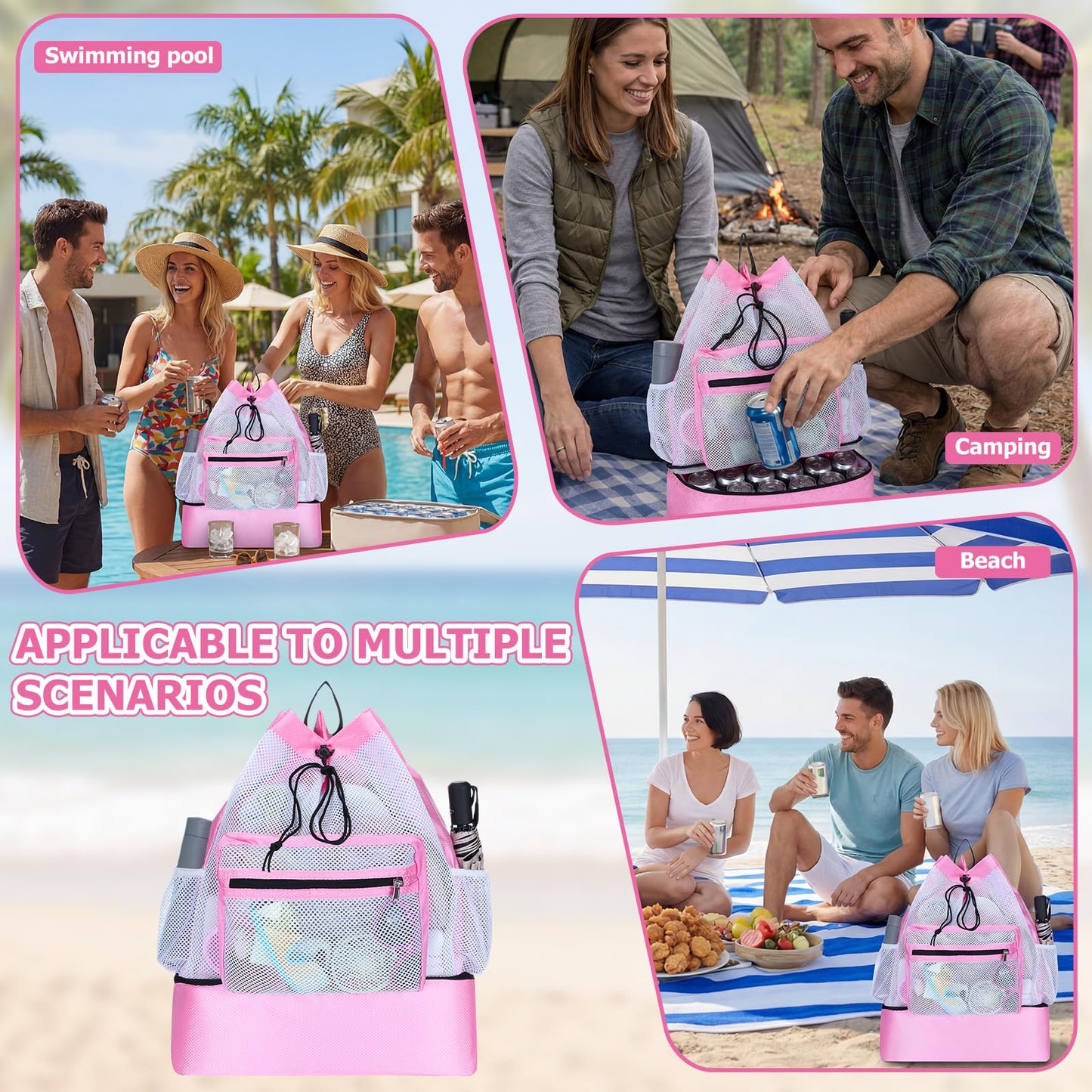 Pink Mesh Beach Drawstring Backpack with Cooler Beach Bags Sandproof Swim Bags Leakproof with Zipper for Seaside Pool Travel