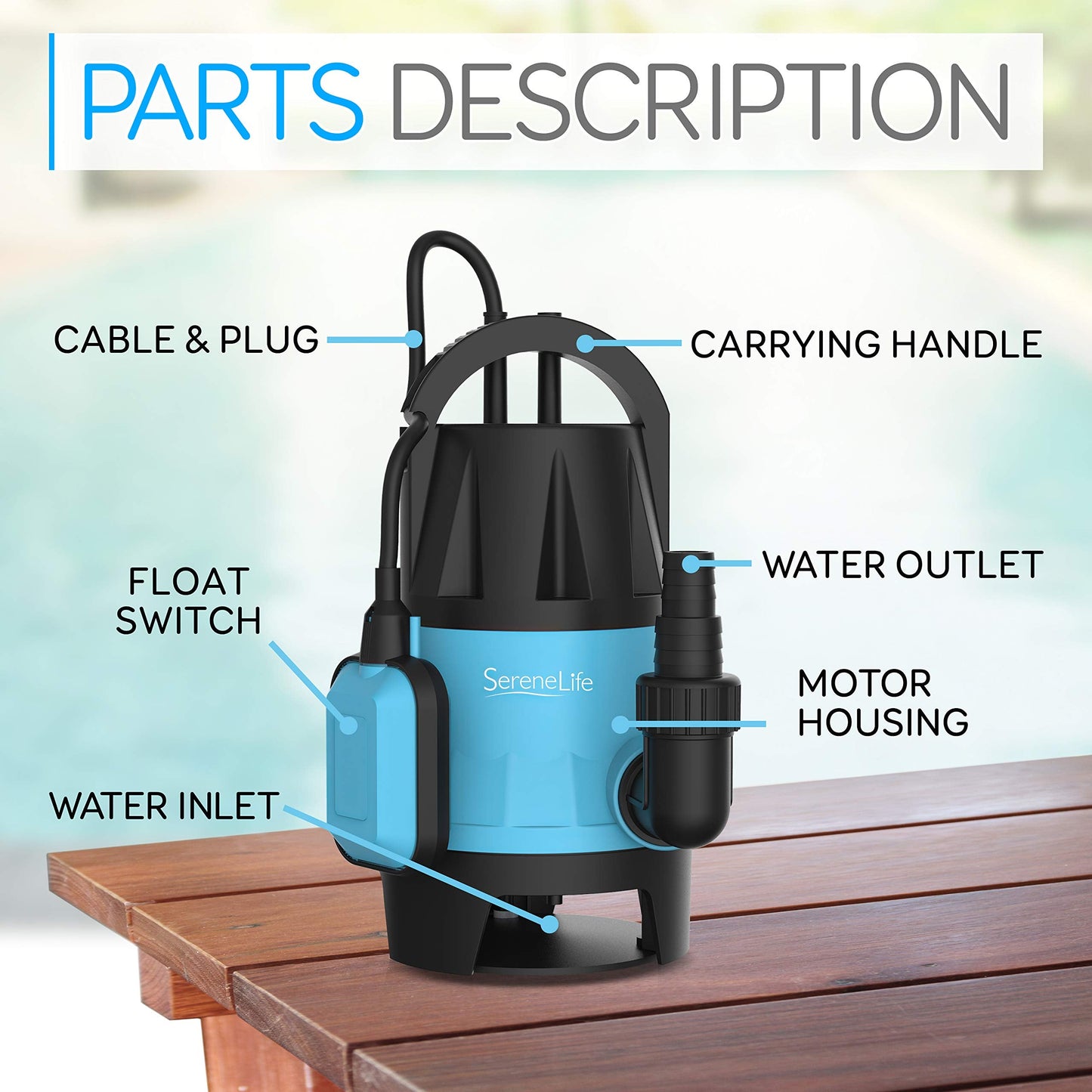 SereneLife 400W Submersible Pump Clean Dirty Water Powerful Utility Sump Pump Auto Float Switch,16 ft. Cord, Basement, Yard, Swimming Pool, Pond, Flooded Area, Garden or Flat Hose