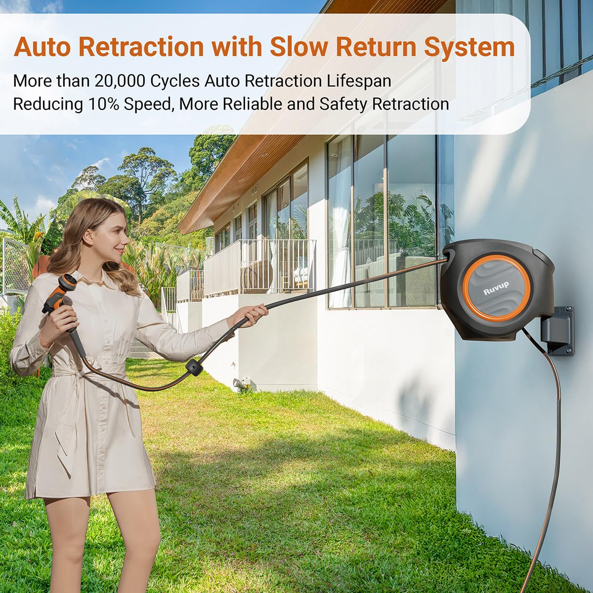 Ruvup Retractable Garden Hose Reel with Metal Bracket, 5/8in x 100ft+6.5ft Water Hose Reel, UV Resistant Automatic Hose Reel Wall Mount for Outside, Slow Retraction Any Length Lock 10 Spray Nozzle