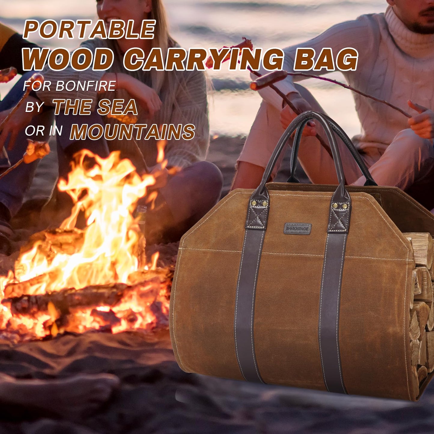 INNO STAGE Canvas Log Carrier Bag,Durable Wood Tote,Fireplace Stove Accessories,Extra Large Firewood Holder with Handles for Camping (Rust)