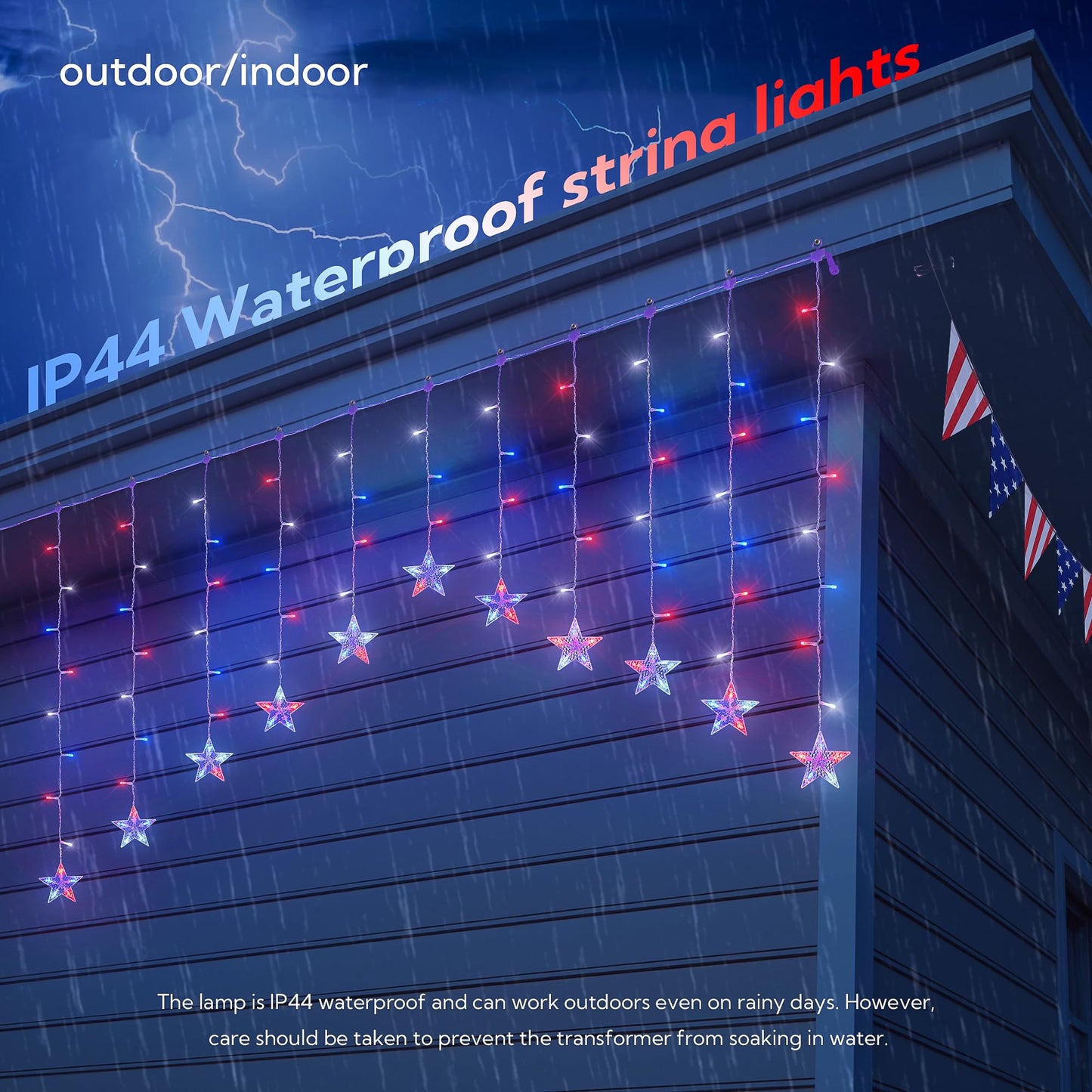4th of July Patriotic Star Icicle Lights,red White and Blue Curtain String,11.5ft 118LED Waterproof 8 Modes with Timer Connectable Independence Day Decorations Window Lights for Outdoor Indoor