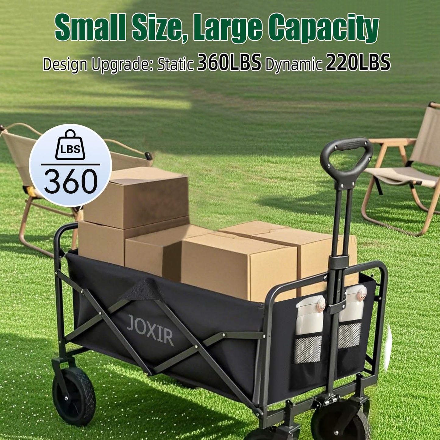 Joxir Collapsible Wagon Cart Foldable 120L 360lbs Capacity, Lightweight Portable Beach Wagon, Shopping Carts with Wheels for Grocery, Camping, Shopping, Garden Cart