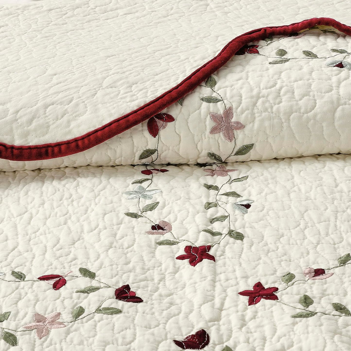 Sunshine Nicole Embroidery Quilt Set, Cotton Material and Filling, with Tranditional Embroidery Patten, 3 Pieces Queen Set, Prewashed