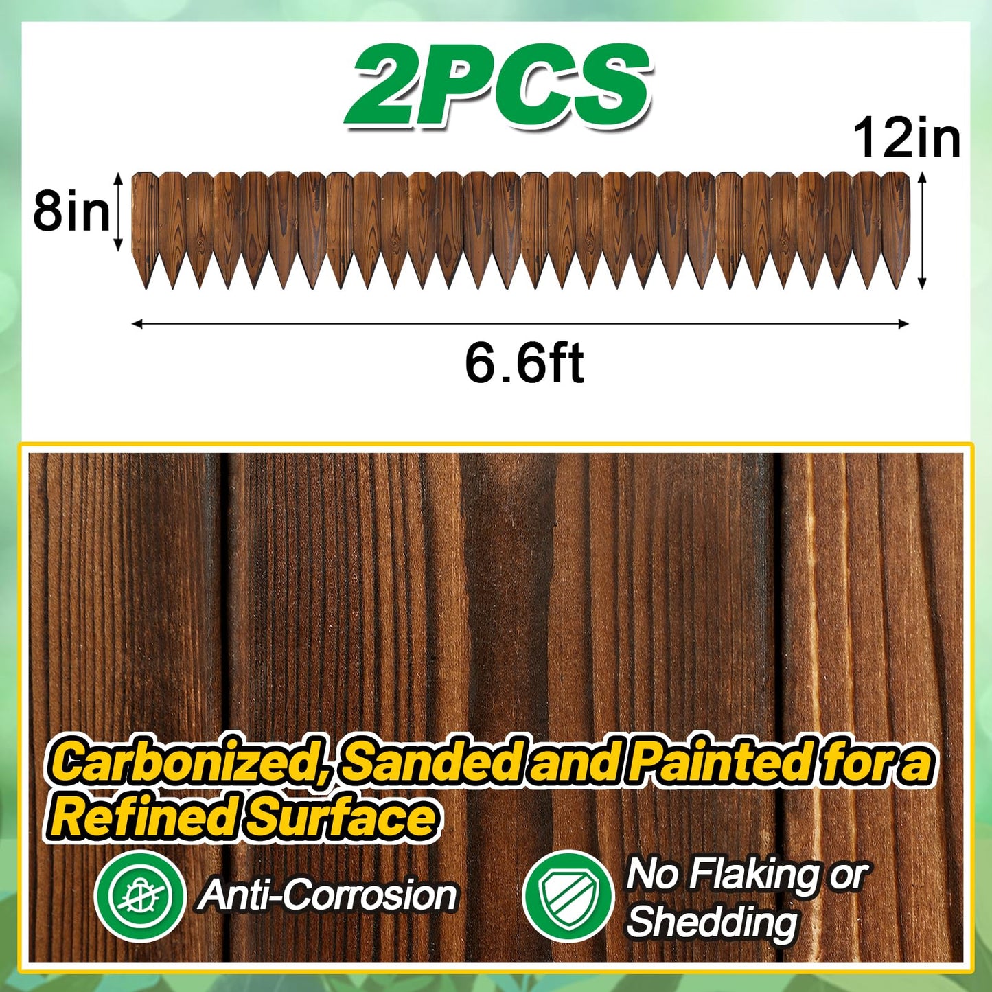 Rustic Pine Wood Garden Fence - 13.2ft Total Length (2pcs 6.6ft L*12in H) Easy to Install Sturdy Wooden Landscape Edging Border, No Fading Planter Fencing for Yard Flower Bed Lawns Pathway Tree