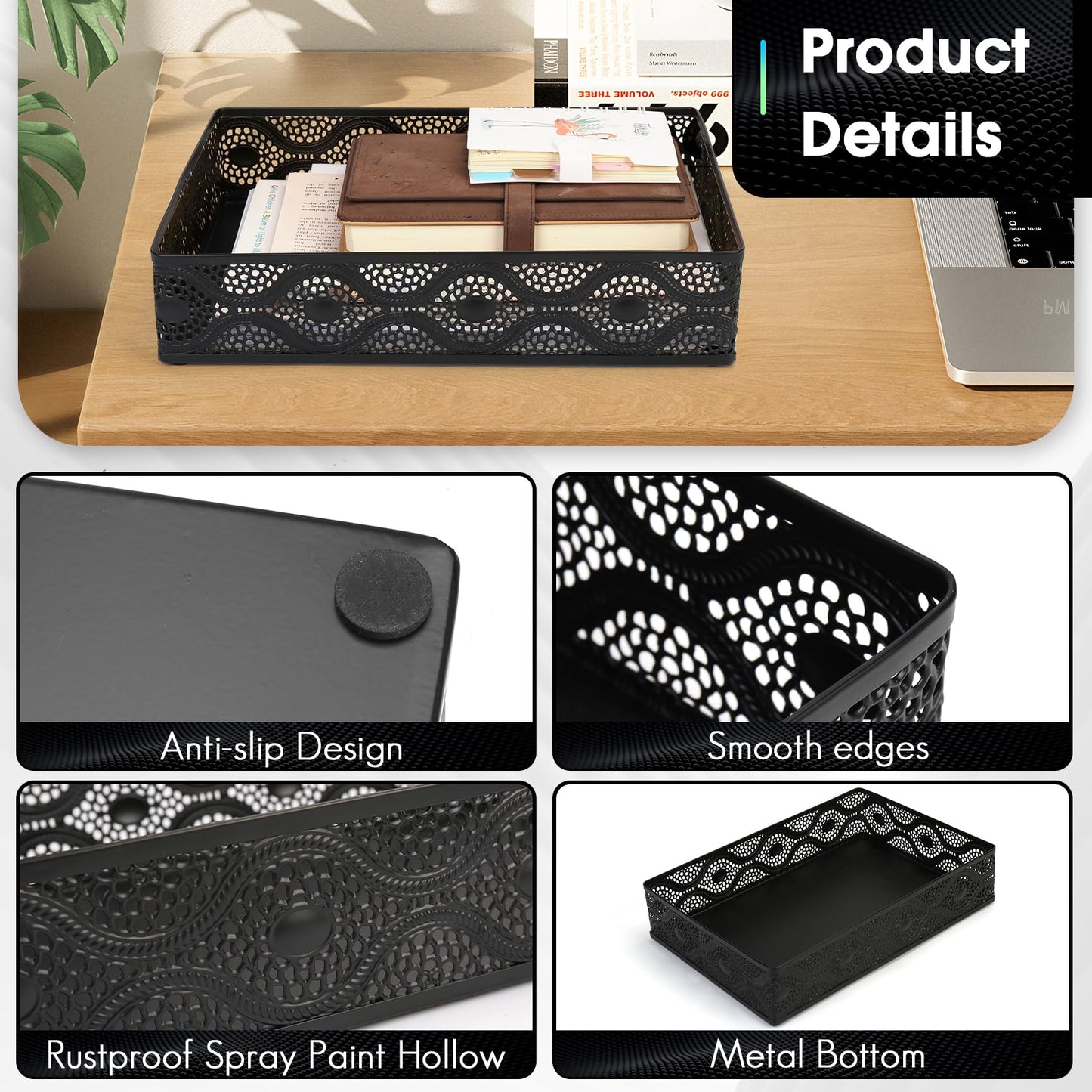 EsOfficce Desk Drawer Organizer, A4 Large Metal Mesh Desk Organizer Tray, Carved Hollow Floral Desk Tray, Versatile Storage Box Set for Office Home Supplies,13x9x3 inches (Curved,1 PC)