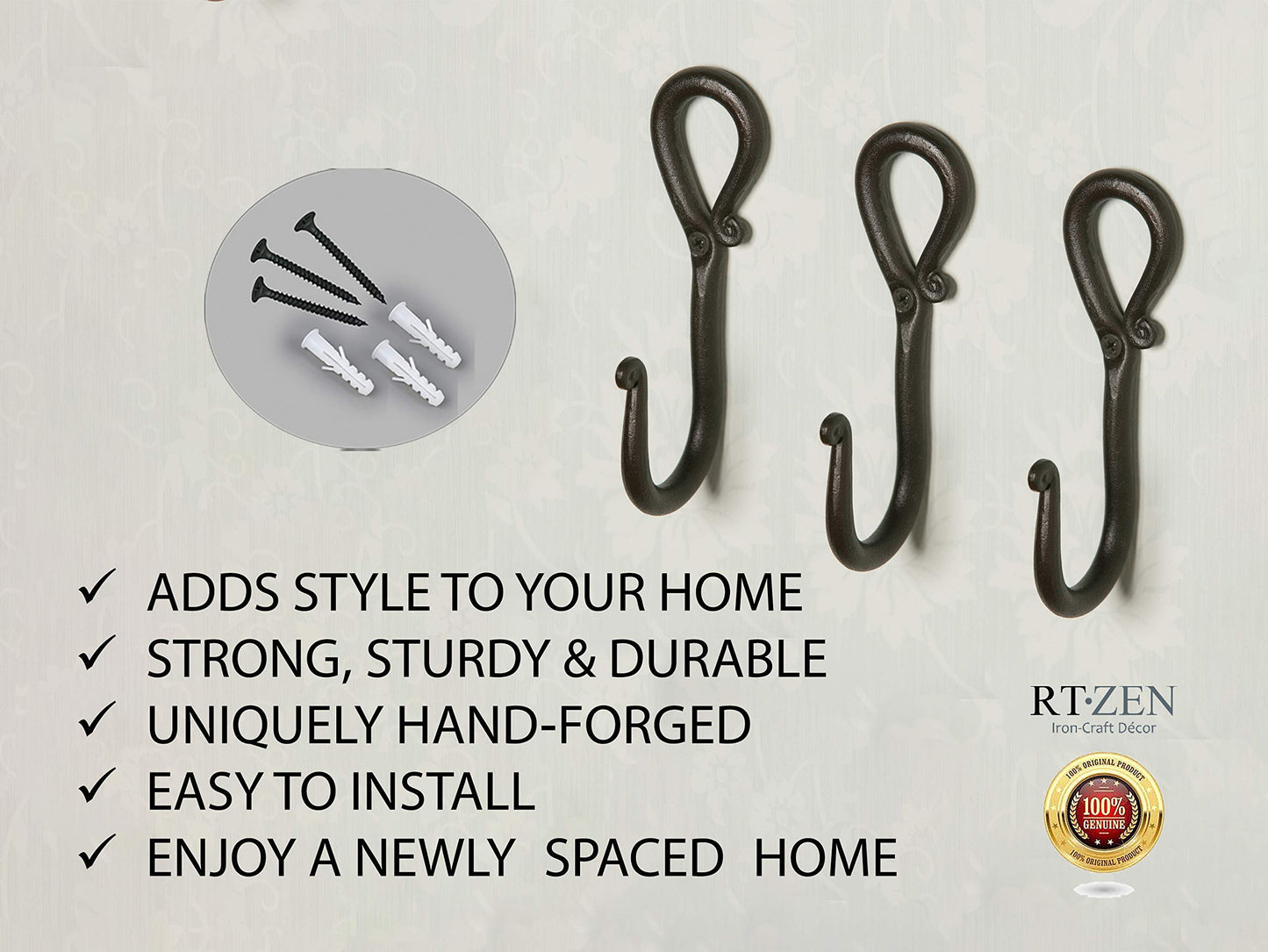 RTZEN Wall Mount Hook Set - Wrought Iron Decorative Rustic Metal Coat Hooks for Hanging - Handcrafted Classic Farmhouse Wall Mounted Black Hooks for Towel Robe or Hat Hanging - 3 Pack