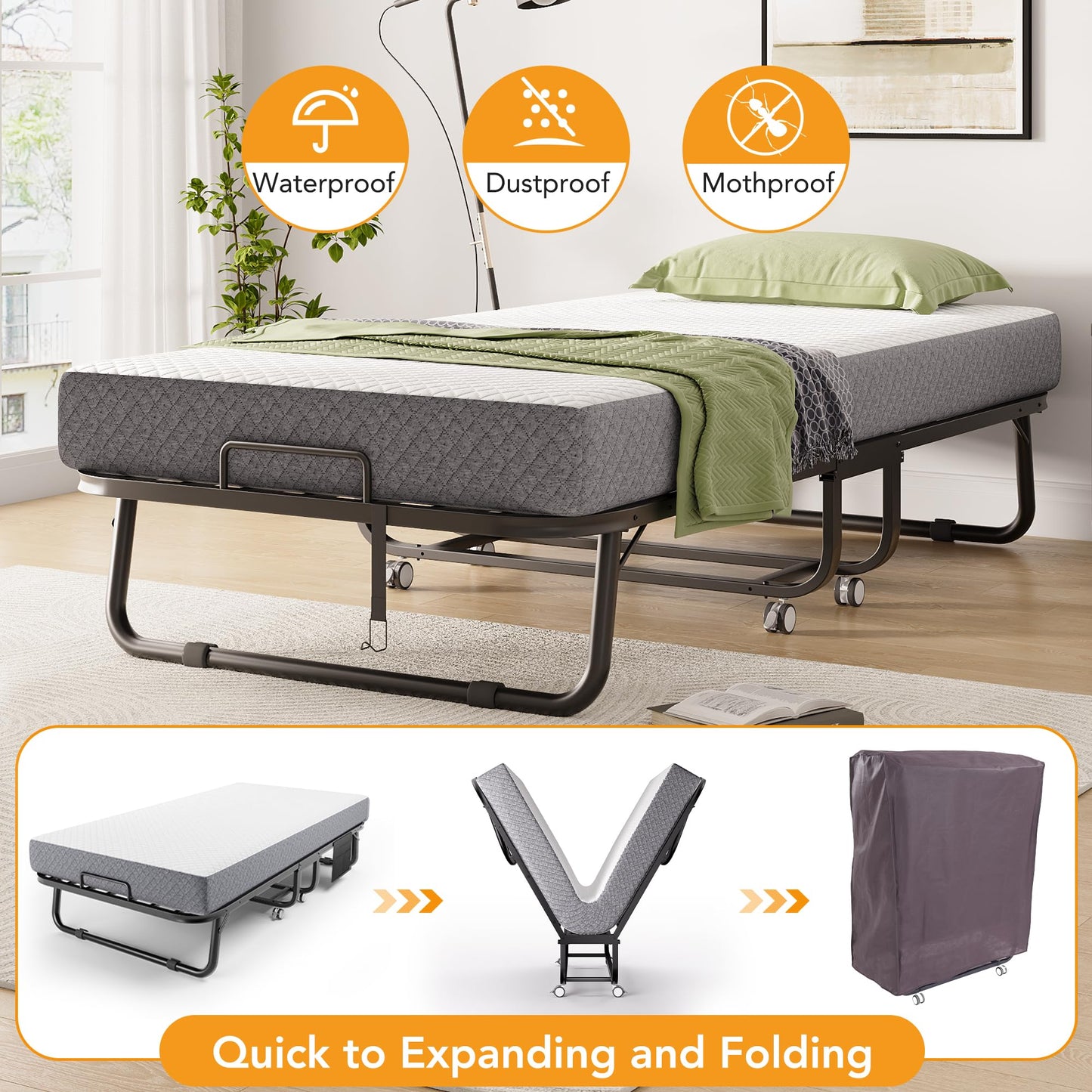 Folding Bed with Memory Foam Mattress, 75" x 31" Cot Size Portable Foldable Bed with Movable Wheels, Space-Saving Sturdy Metal Frame, Twin Rollaway Bed for Adults for Guest Room, Apartment, Camping