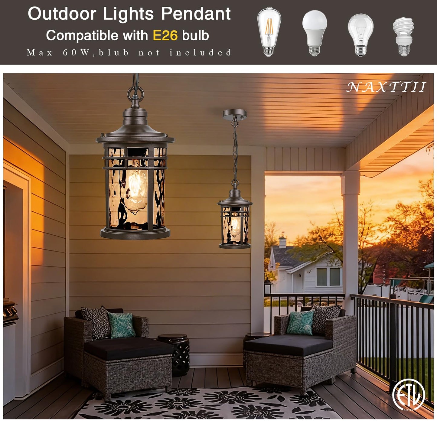 NAXTTII Outdoor Hanging Lantern Light Dusk to Dawn Hanging Porch Light Anti-Rust Aluminum Outdoor Chandelier for Front Door Gazebo E26 Socket Oil Rubbed Bronze Finish