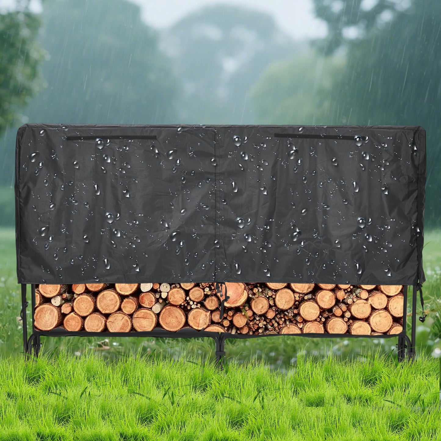 MERXENG 8ft Firewood Rack Holder with Cover, Heavy Duty Fire Log Stacker Stand for Fireplace, Outdoor Indoor Metal Wood Pile Storage Organizer, Patio Logs Stand tool, Black