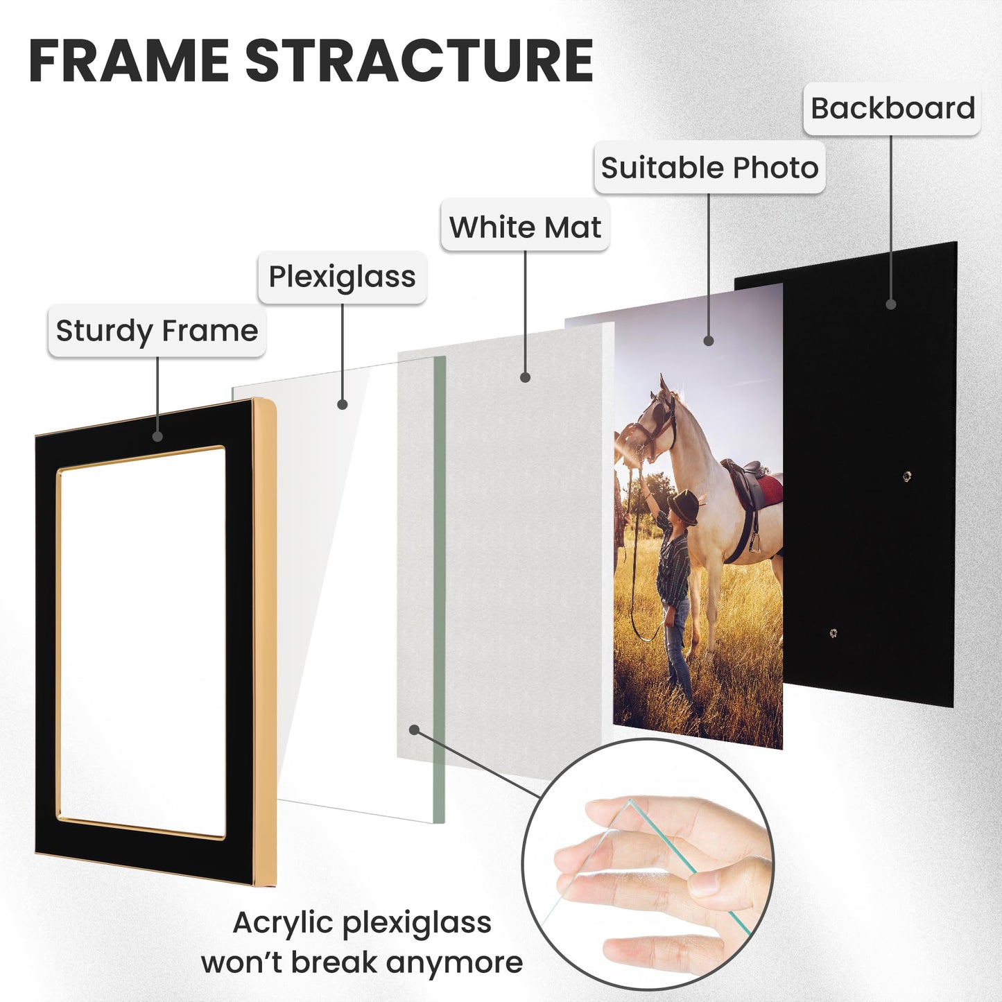 Fun Memories 4x6 Enamel Picture Frame with HD-Tempered Glass, Gold Metal Edge with Easel, Vertical & Horizontal Display, Wall and Tabletop Display Family Photo Gallery (Black Enamel,1P)