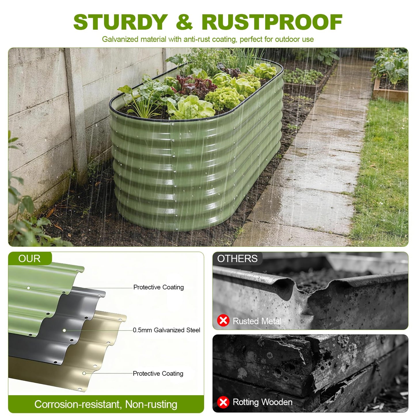 24" Tall Galvanized Raised Garden Bed Outdoor, 4x2x2ft Deep Metal Planter Box with Safety Edging & Support Bars, Large Oval Raised Beds for Gardening Plants Vegetables Herbs Flowers (Olive Green)