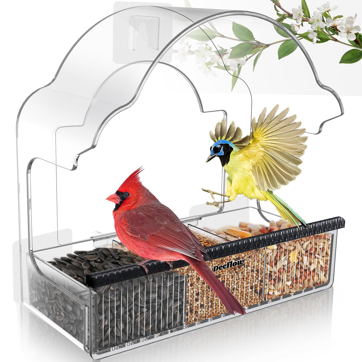 Decflow Window Bird Feeders for Outside, Clear Bird Window Feeder with 3 Pairs of Strong Stickers, Transparent Acrylic Birds House for Window Viewing, Removable Tray, Wild Birds Watching Present