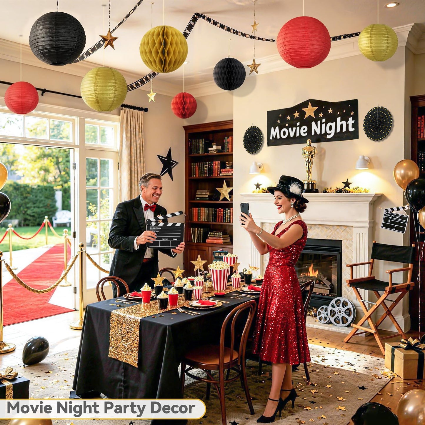 14 Pack Red Black and Gold Party Decorations Kit, Hanging Paper Lanterns & Fans for Casino Night, Red Carpet, Hollywood Theme Party, Game Night, Hibachi Party and Graduation