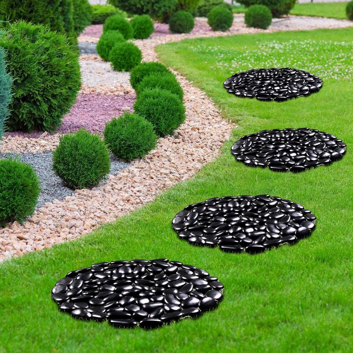 Ausluru 10in River Rock Stepping Stones Set - 6 Pack | Polished Pebble | Long-Lasting PVC Mesh Backing | Perfect for Garden Paths and Lawns Outdoor Landscaping Decoration | Black Circle