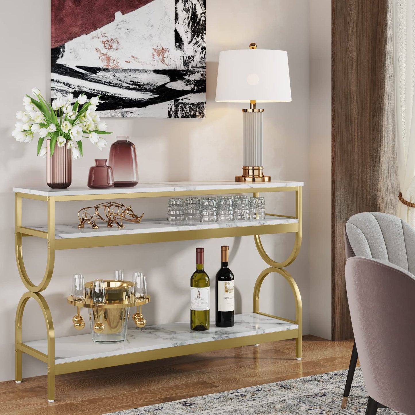 Tribesigns 3-Tier Console Table, 55 inch Sofa Table with Open Storage Shelves, Narrow Long Hallway/Entryway Table with Faux Marble Top for Home Living Room Entryway, White & Gold