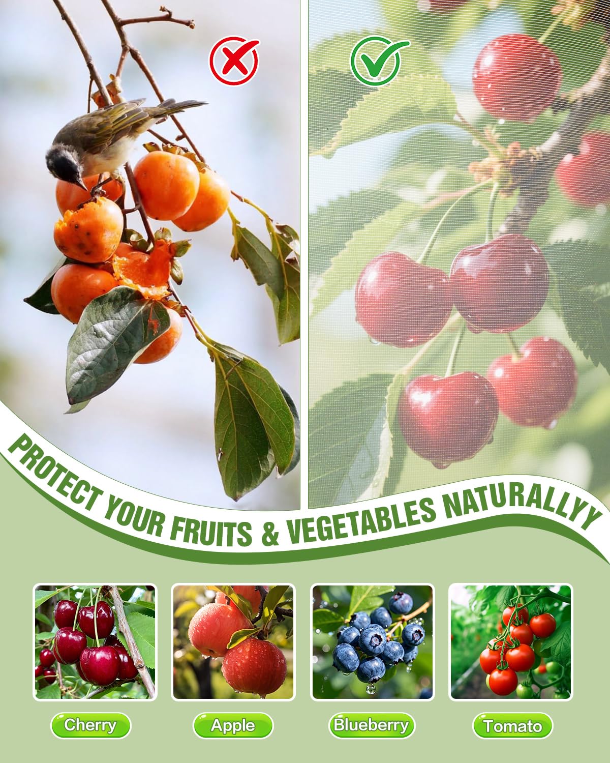JoyHalo Large Fruit Tree Netting with Zipper & Drawstring, 10 × 10FT Pest Barrier Netting for Garden, 60-Mesh PE Tree Covers for Bush, Blueberry, Vegetables & Plant Protection (2 Packs)