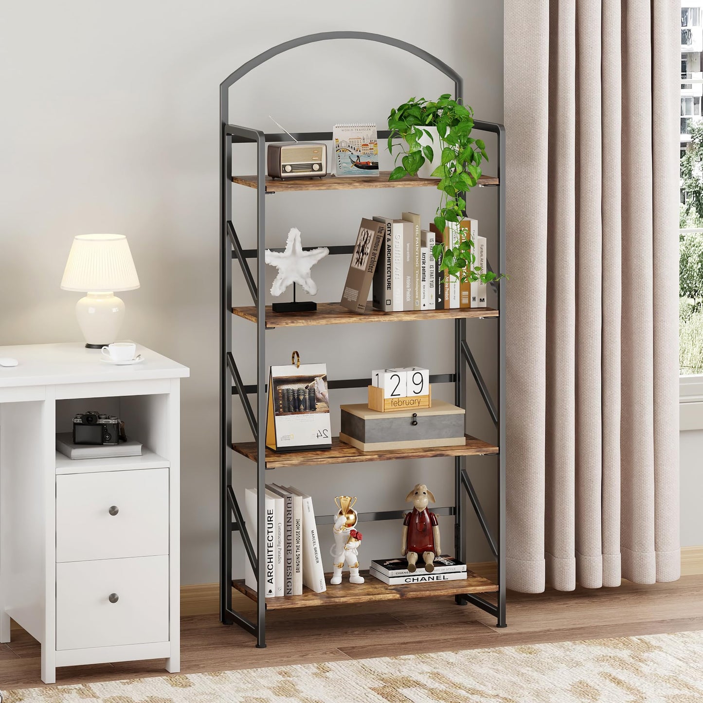 BHG Arched Bookshelf 4 Tier Shelf Storage Organizer Bookcase,No Assembly Folding Book Shelf for Living Room,Bedroom Home Office Rack Bookhelves