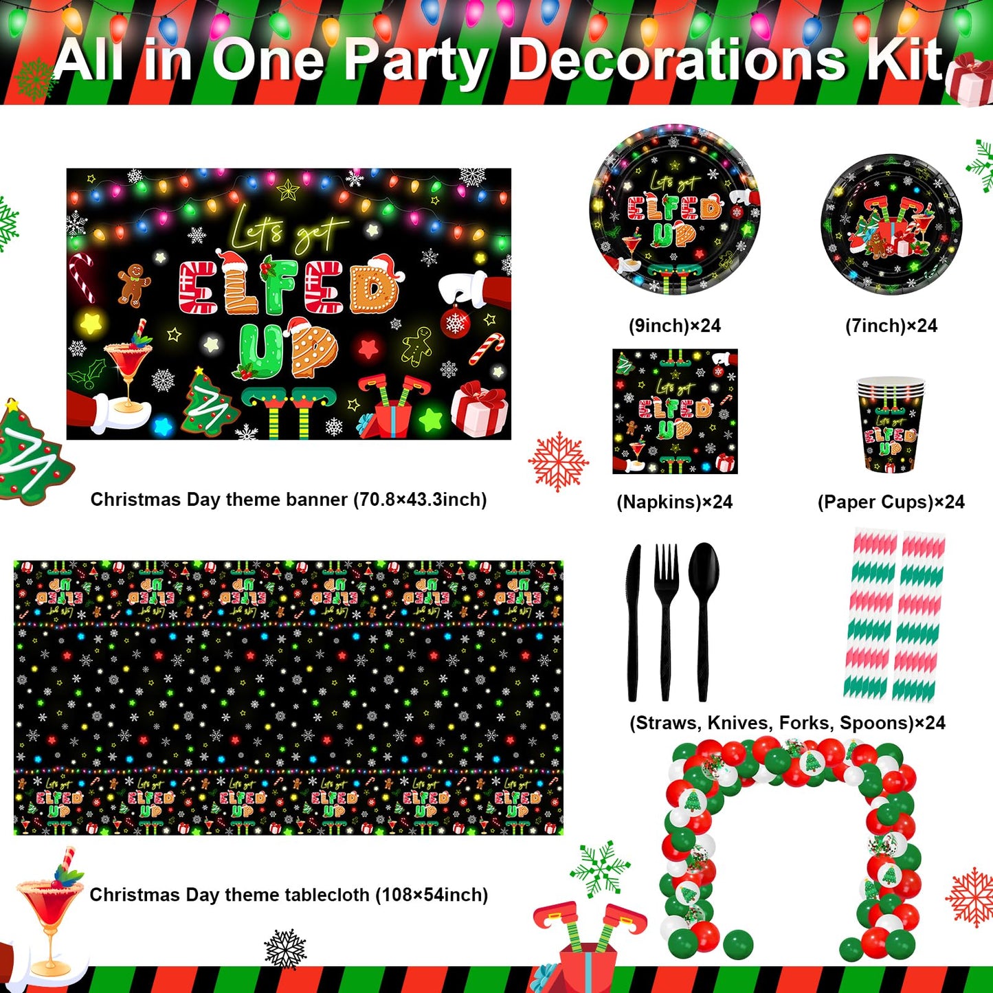 Lecheme Christmas Party Decorations 300 PCS Let's Get Elfed Up Backdrop Tableware Plates Napkins Serve 24 Friendsmas Balloon Arch Elf Christmas Party Supplies