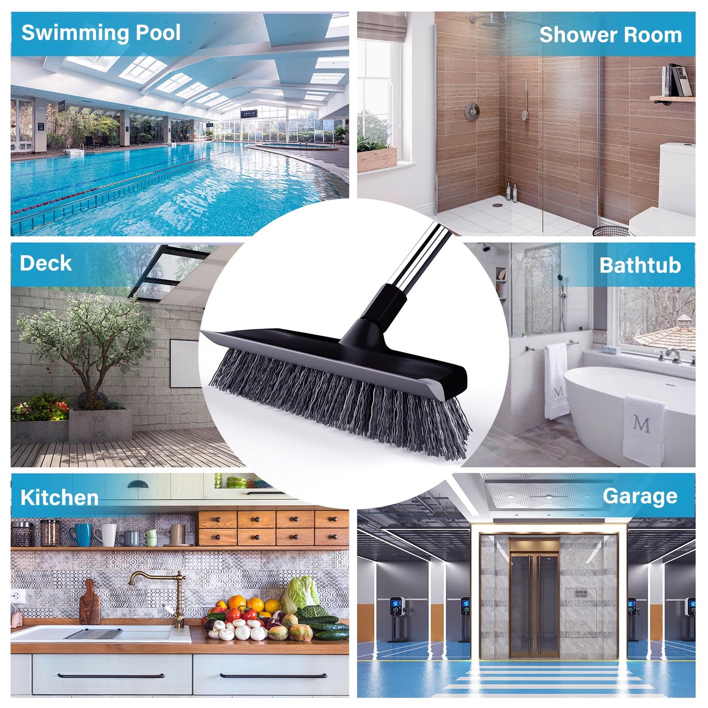 ITTAR Floor Scrub Brush with 55" Long Handle, 10" Wide Stiff Bristles Deck Brush, Stainsless Steel Pole Heavy-Duty Cleaning Brush, 2-in-1 Scrubber with Ruber Squeegee for Deck, Patio, Pool, Tile, Wall