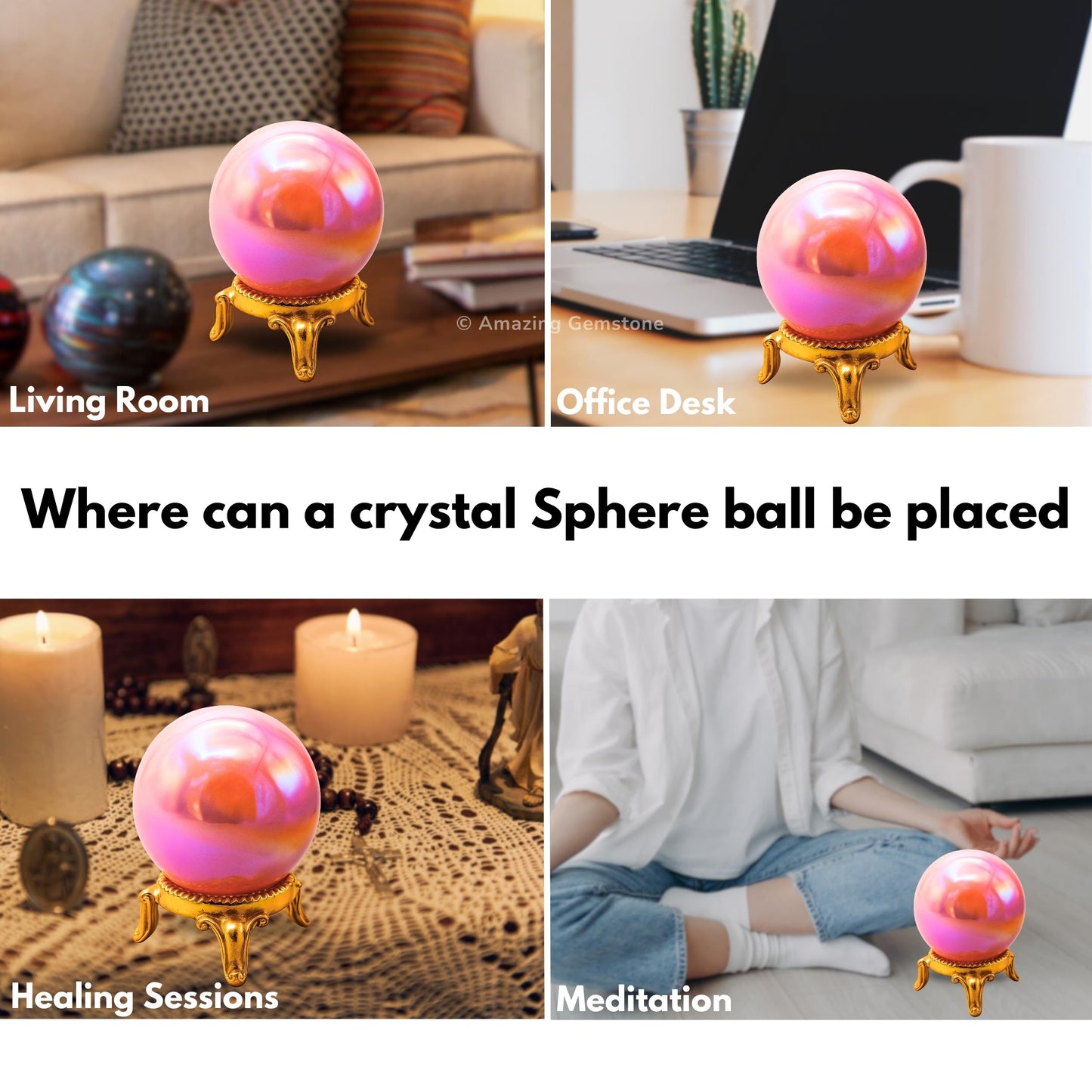 Amazing Gemstone Angel Aura Rose Quartz Crystal Ball with Stand - 2" Inches Crystal Sphere Meditation Balls for Witchcraft and Decorative Balls