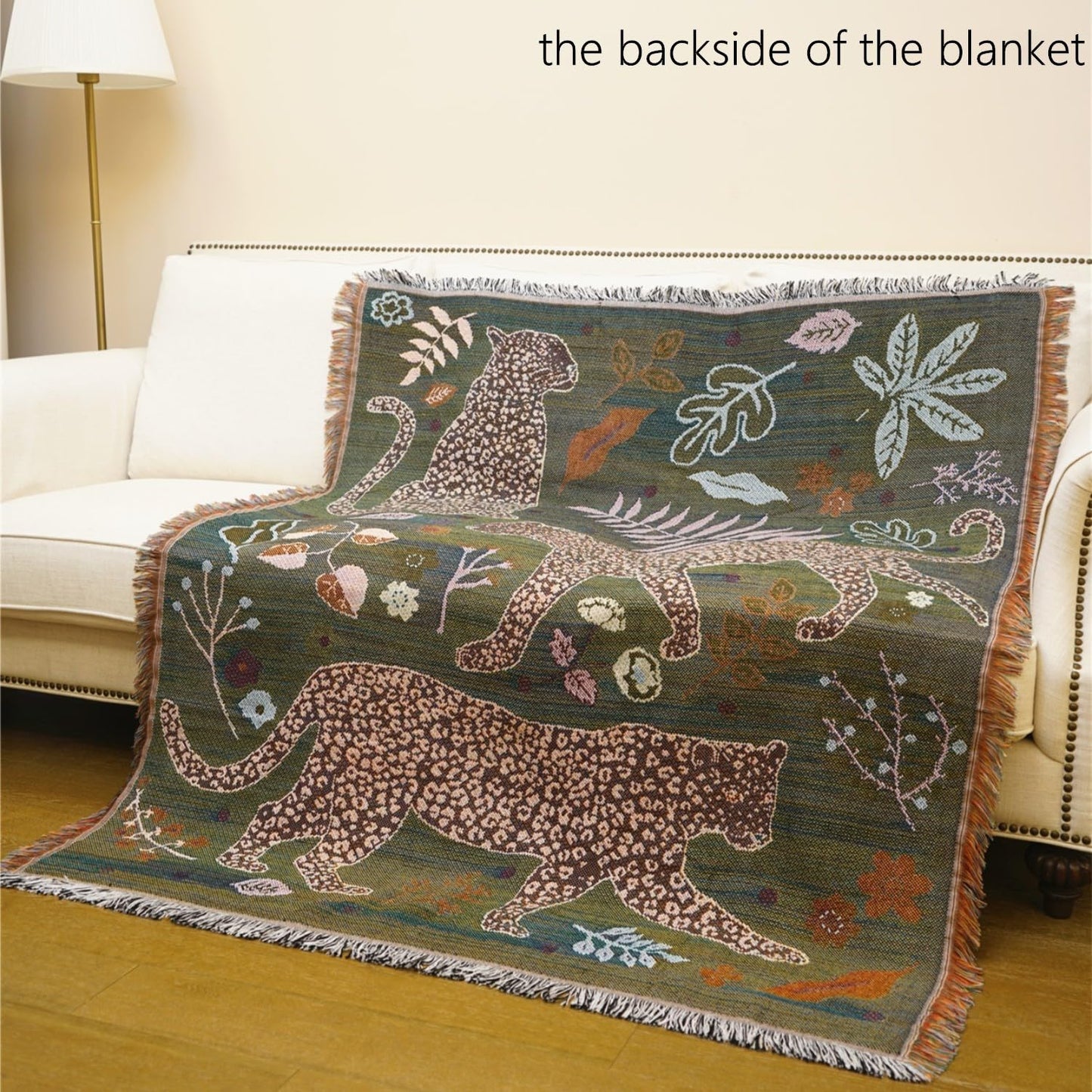JQZ Bohemian Throw Blanket, Woven Cotton with Fringe, for Sofa, Bed, Picnic, Outdoor Camping (Snow Leopard)