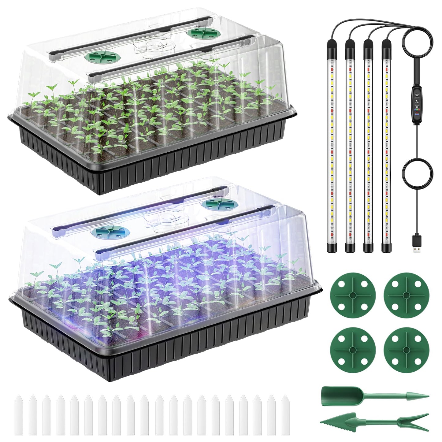 Pawfly Seed Starter Trays, 2 Pack 80 Cells Seed Starter Kit with Adjustable Grow Light Bars & 3.5" Humidity Domes, Seeding Tray with Lids, Reusable Plant Germination Trays for Seed Starting