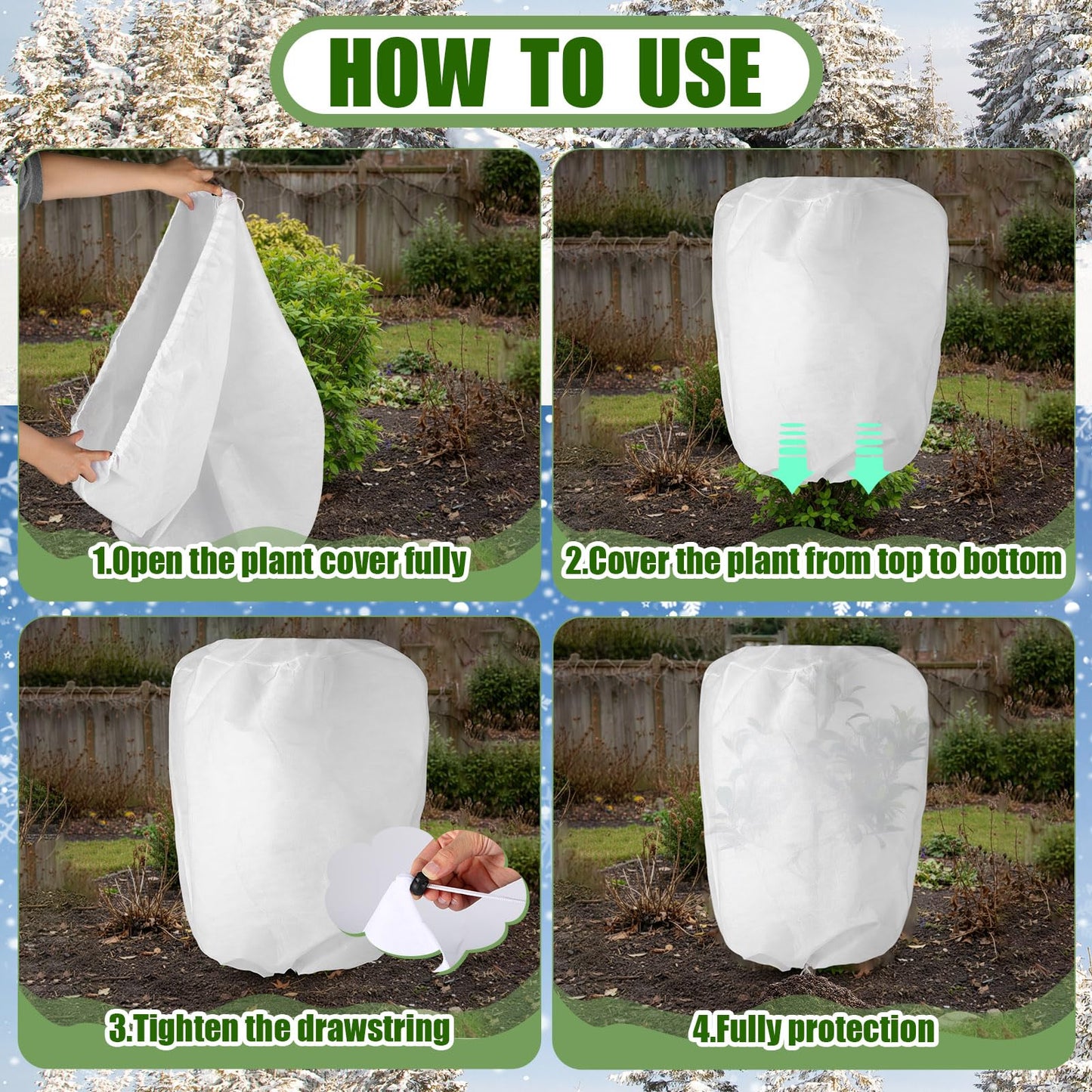 SATINIOR 16 Pcs 32 x 47 Inch Plant Covers Freeze Protection, Reusable Plant Protector Frost Cloth Warm Blankets, Winter Bush Tree Cover with Drawstring Outdoor (White)