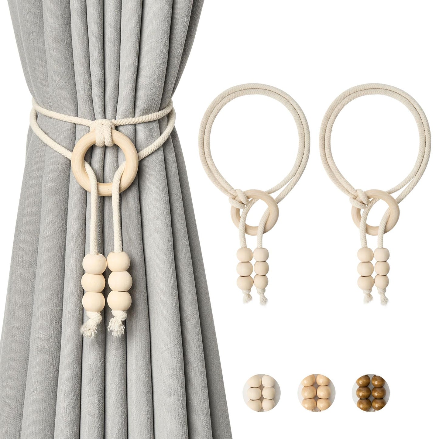 NICEEC 2 Pack Natural Cotton Rope Curtain Tiebacks Boho Style Decorative Drape Tie Backs Elegant Hand Woven Rope Curtain Holdbacks with Wooden Ring for Home & Office Window Drapery (B-Natural)