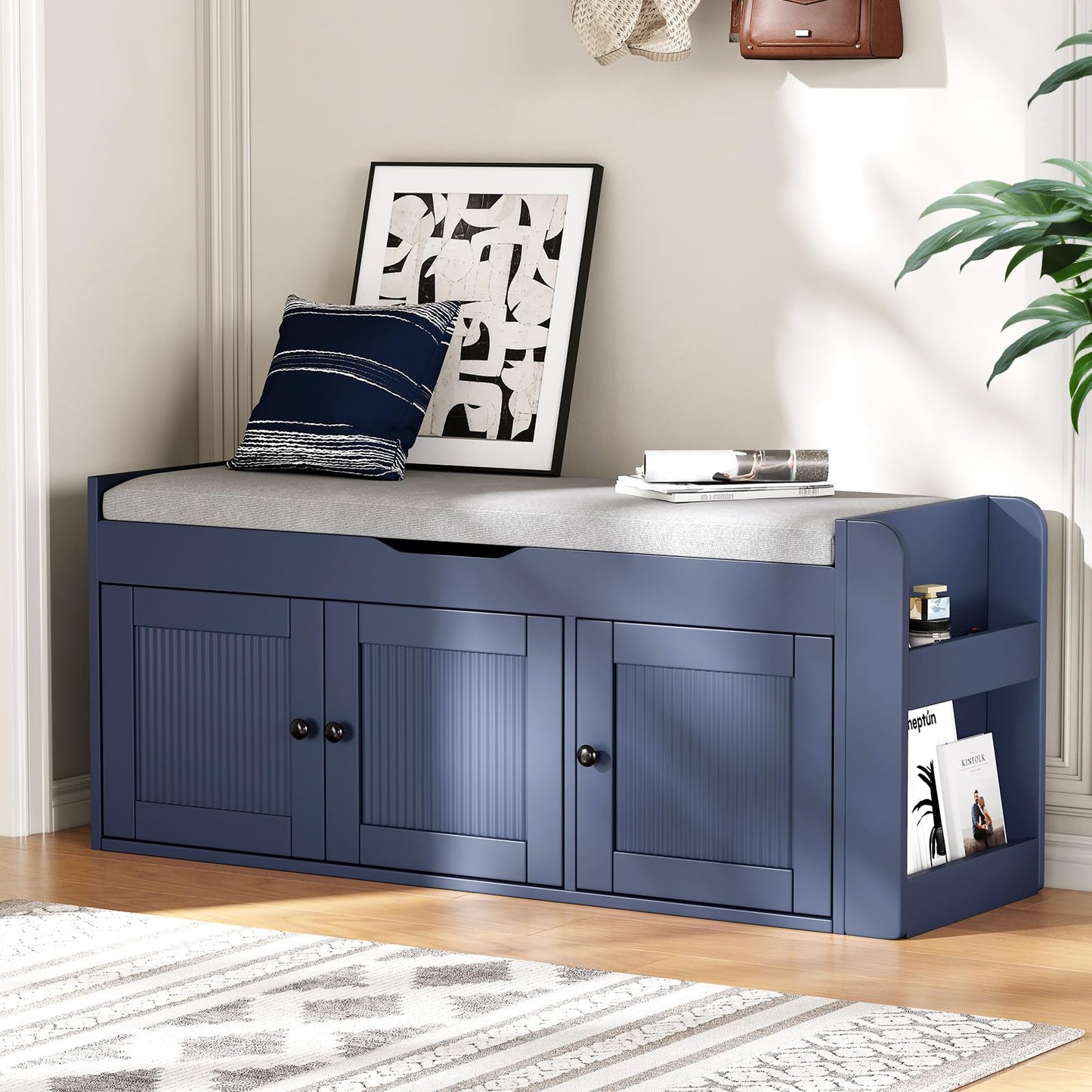HOTAMO 42.6" Storage Bench - Entryway Shoe Bench with Side Storage Shelves and 3 Doors, Multifunctional Entryway Bench with Lift Top Cushion, Shoe Storage Bench for Bedroom, Living Room, Blue