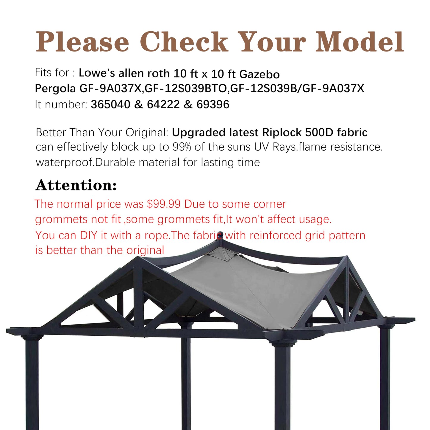 SCOCANOPY Replacement Top Fit for Lowe's Allen Roth 10X10 Ft Gazebo Model #GF-12S039B / GF-9A037X,(Gray)