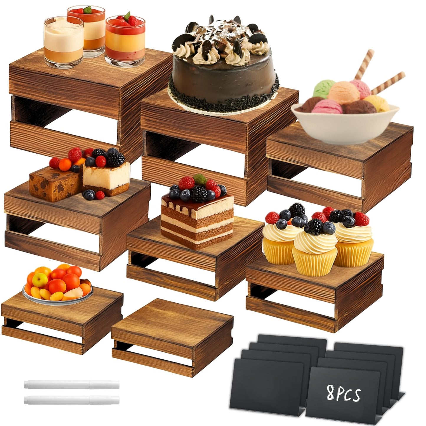 Merrifete 8PCS Wooden Buffet Risers and Stands with Reusable Table Signs, stackable Cube Rustic Wood Food Risers for Buffet Display, Cupcake Holder, Cupcake Stand, Dessert Table Display Set, 8PCS