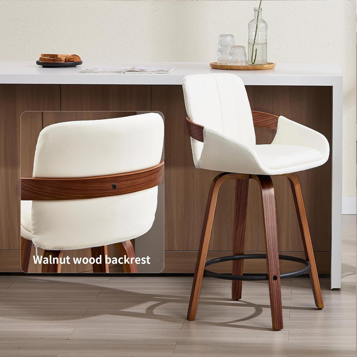 VipDesk Bar Stools Set of 2, 26" Counter Height Swivel Stools with Back, Walnut Wood Frame, PU Leather, Built-in Footrest, Modern Kitchen Island Chairs – Easy Assembly & Sturdy Design - Cream White