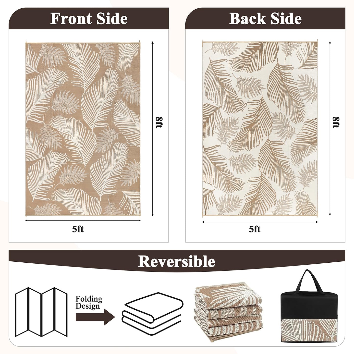 Pauwer Waterproof Outdoor Rug 5x8, Reversible Plastic Straw Patio Camping Rug, Indoor Outdoor RV Mat Carpet for Deck, Camper, Porch, Balcony, Backyard, Picnic, Leaf Brown