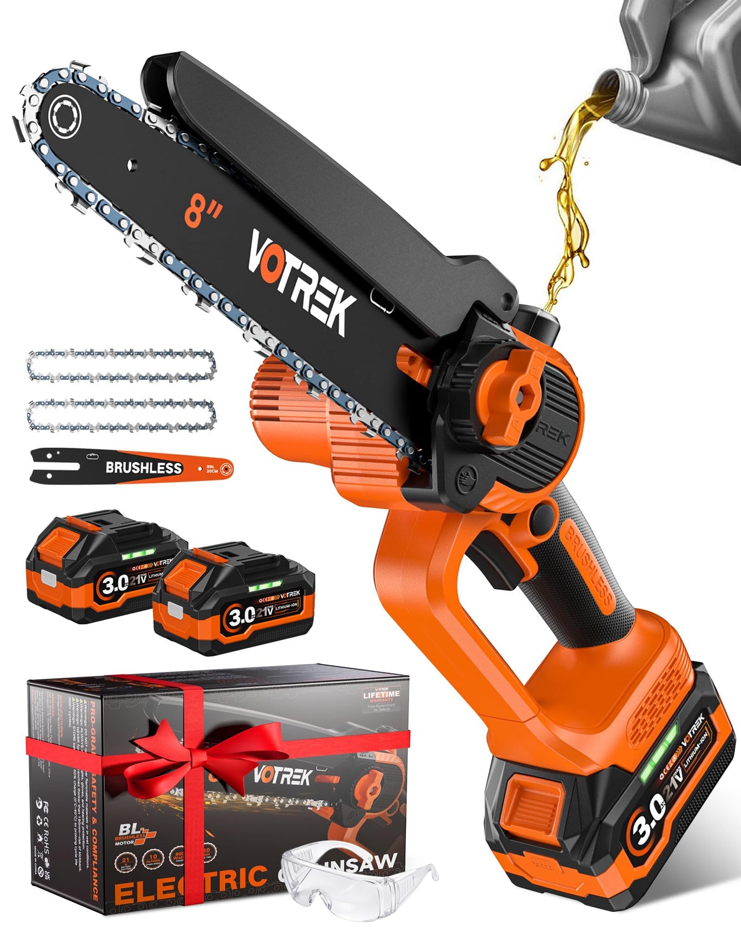 VOTREK® 8-Inch Mini Chainsaw Cordless, 2 x 3.0Ah Batteries, Electric Chain Saw with 2 Chains, Brushless Motor, Auto Oiler, Tool-Free Tensioner for Tree Trimming and Yard Cleanup
