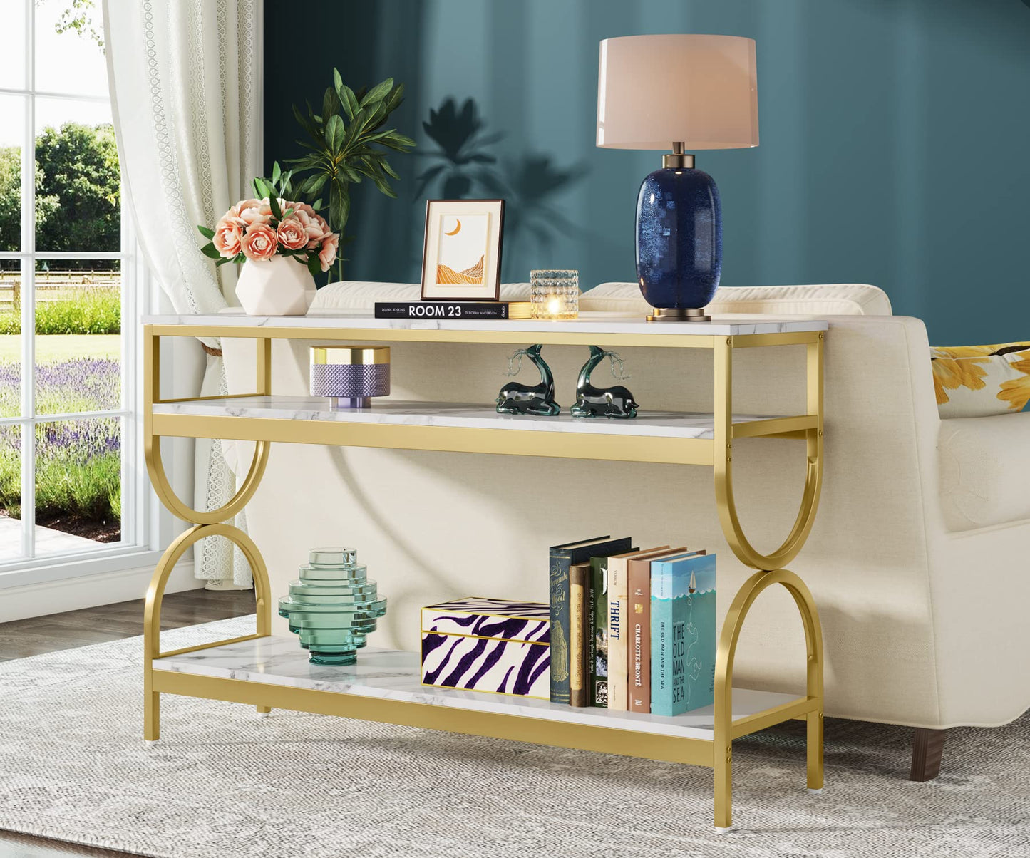 Tribesigns 3-Tier Console Table, 55 inch Sofa Table with Open Storage Shelves, Narrow Long Hallway/Entryway Table with Faux Marble Top for Home Living Room Entryway, White & Gold